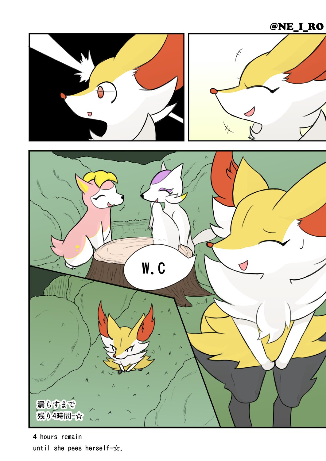 ambiguous_gender anthro bodily_fluids braixen canid canine cervid comic deerling english_text eyelashes eyes_closed female feral fur group hi_res holding_crotch japanese_text laugh looking_back mammal mienshao mustelid ne_i_ro nintendo omorashi open_mouth orange_body orange_eyes orange_fur outside pink_body pink_fur plant pok&eacute;mon pok&eacute;mon_(species) realization shocked shrub smile spring_deerling sweat text translated tree_stump video_games walking white_body white_fur