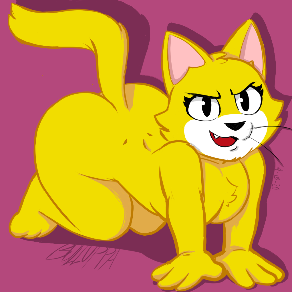 all_fours anthro ass_up breasts bulluppa butt crossgender domestic_cat fangs felid feline felis female fur hanna-barbera looking_at_viewer mammal nude pupils signature simple_background slit_pupils small_breasts smile solo top_cat top_cat_(series) yellow_body yellow_fur