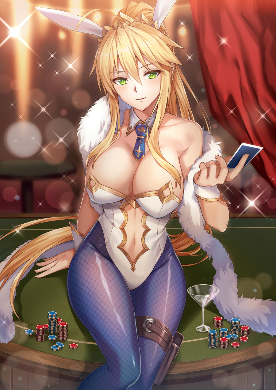 1girl animal_ears artoria_pendragon_(all) artoria_pendragon_(swimsuit_ruler)_(fate) blonde_hair blue_legwear blue_neckwear breasts bunny_ears card casino_card_table clothing_cutout cocktail_glass commission cup detached_collar drinking_glass english_commentary fate/grand_order fate_(series) feather_boa fishnet_legwear fishnets green_eyes highres holding_playing_card large_breasts leotard long_hair luzi navel navel_cutout necktie playboy_bunny playing_card poker_chip ponytail sidelocks sitting solo very_long_hair white_leotard wrist_cuffs