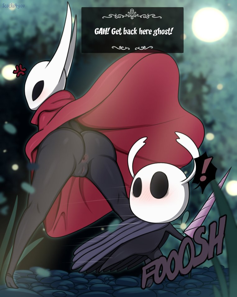 ! ambiguous_gender anthro anus battle black_body black_skin butt cape cape_only clothed clothing cross-popping_vein dialogue duo english_text fecharis female genitals hollow_knight hornet_(hollow_knight) looking_back melee_weapon mostly_nude no_underwear protagonist_(hollow_knight) pussy rear_view scocks4you sound_effects sword talking_to_another team_cherry text upskirt vessel_(species) video_games weapon