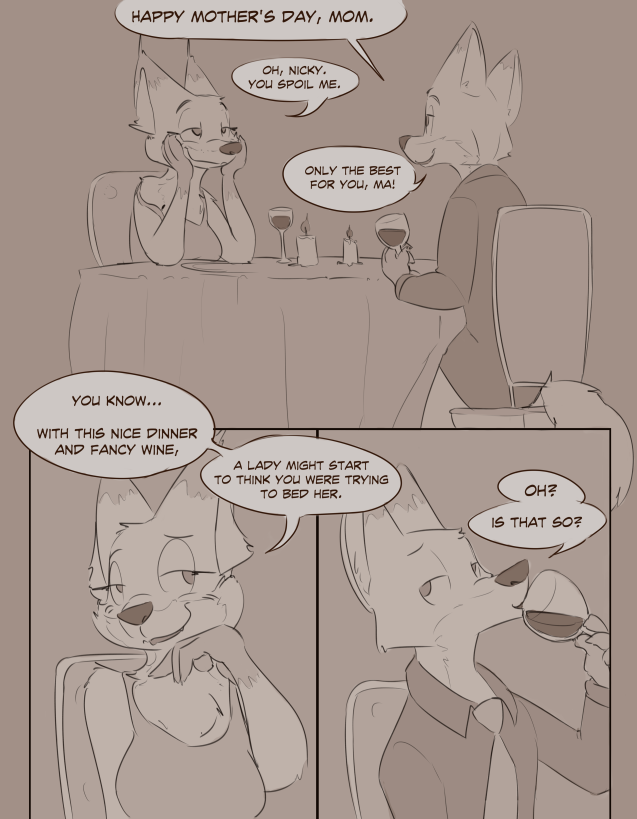 alcohol anthro beverage breasts candle canid canine clothed clothing comic date dialogue dinner_table dipstick_ears disney english_text female food fox male mammal mature_anthro mature_female mother mother_and_child mother_and_son mrs._wilde multicolored_ears necktie nick_wilde parent parent_and_child shirt sketch son speech_bubble text topwear visiti wine wine_glass zootopia
