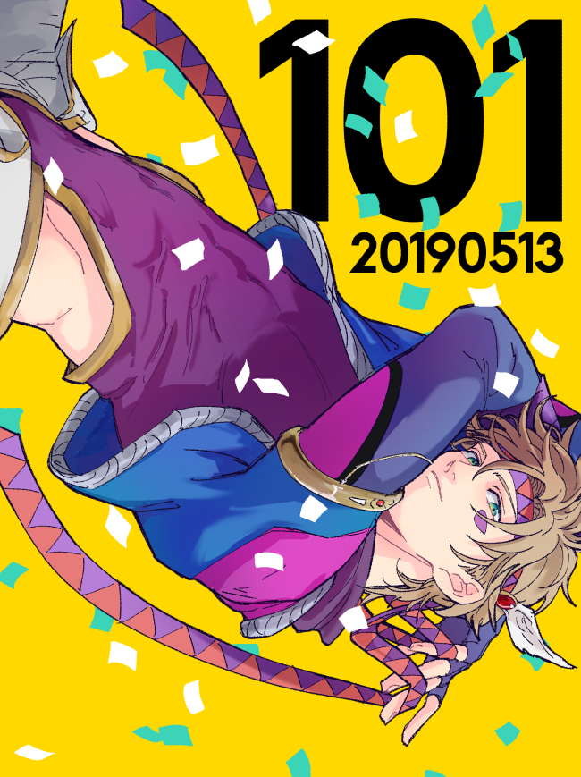 1boy armlet battle_tendency birthday blonde_hair blue_jacket caesar_anthonio_zeppeli closed_mouth commentary confetti cropped_jacket dated facial_mark feathers fingerless_gloves gloves gold_trim green_eyes hair_feathers headband highleg jacket jojo_no_kimyou_na_bouken koeri leotard leotard_under_clothes long_sleeves looking_at_viewer male_focus official_alternate_costume open_fly pants pink_leotard pose short_hair sketch solo symbol_commentary triangle_print upside-down white_pants yellow_background