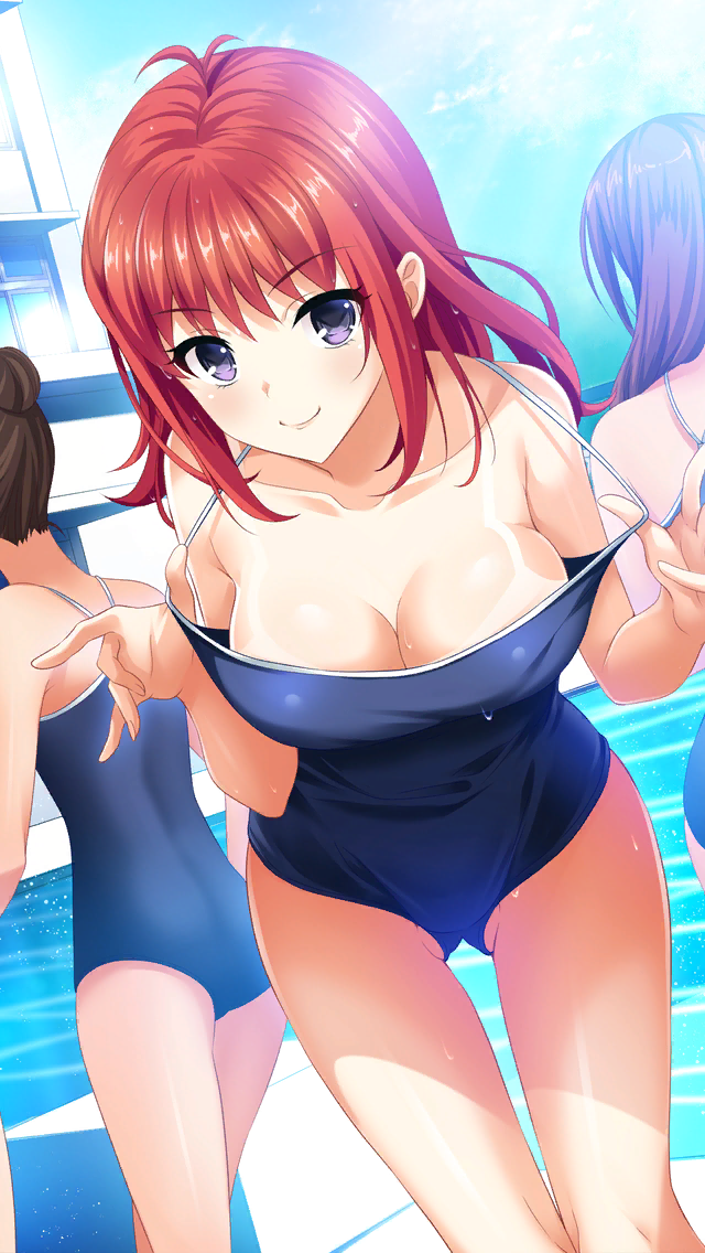 3girls antenna_hair bangs blue_swimsuit breasts cleavage closed_mouth clothes_pull doukyuusei_another_world eyebrows_visible_through_hair game_cg kakyuusei large_breasts leaning_forward long_hair multiple_girls official_art purple_eyes red_hair school_swimsuit shiny shiny_hair smile solo solo_focus swimsuit swimsuit_pull tachibana_mayumi thigh_gap