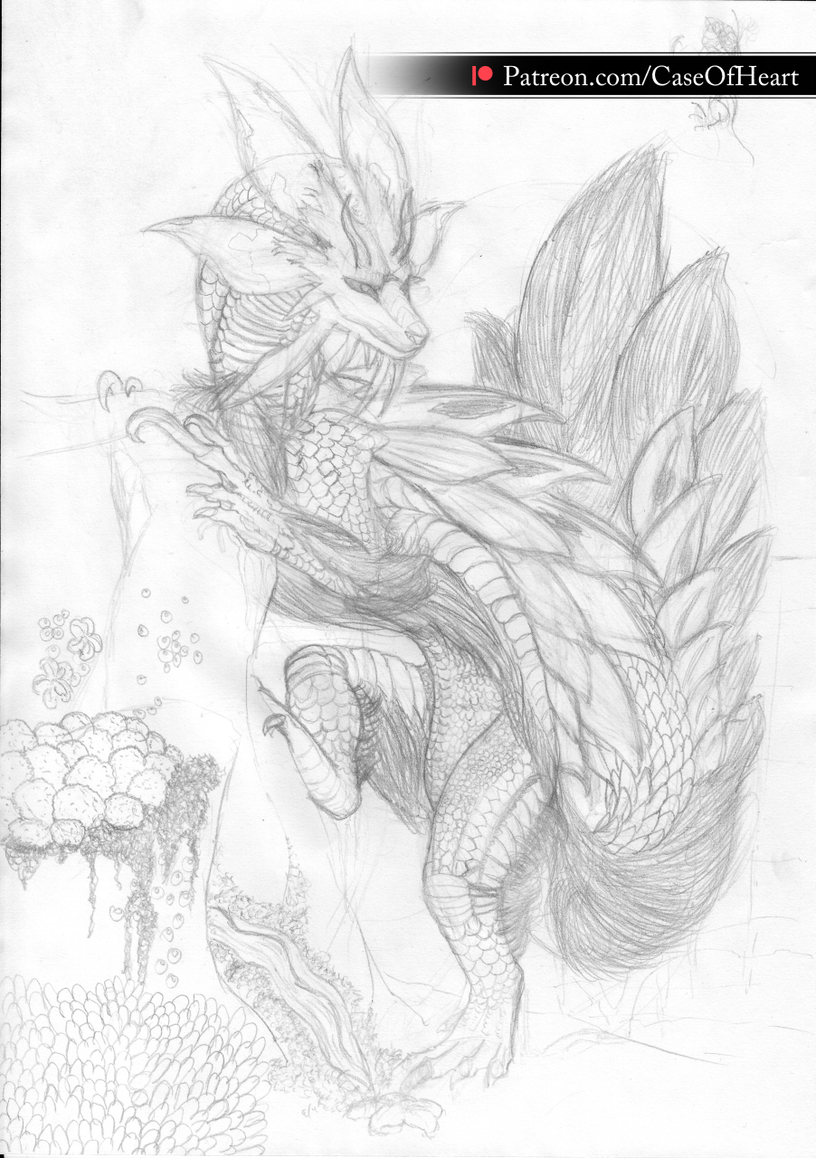 ambiguous_gender anthozoan capcom claws cnidarian coral coral_reef dragon drake_drachenlicht feral fur graphite_(artwork) hi_res leviathan_(mh) marine mizutsune monster_hunter pencil_(artwork) scales scalie shell simple_background solo traditional_media_(artwork) video_games