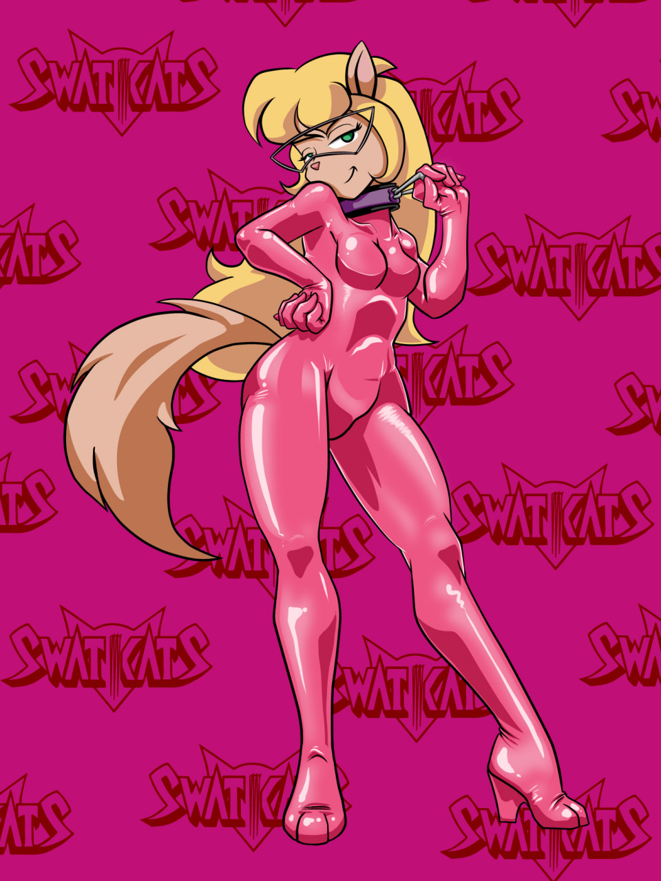 anthro bastianmage bedroom_eyes blonde_hair callie_briggs clothing collar domestic_cat eyewear felid feline felis female glasses hair hanna-barbera hi_res high_heels logo mammal narrowed_eyes pink_clothing rubber rubber_suit seductive solo swat_kats tugging_collar