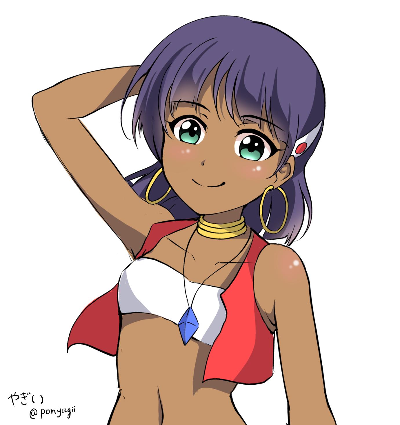 1girl bandeau bracelet closed_mouth commentary dark_skin dark_skinned_female earrings fushigi_no_umi_no_nadia hair_ornament hairclip highres jewelry looking_at_viewer nadia neck_ring necklace ponyakii short_hair simple_background smile solo white_background