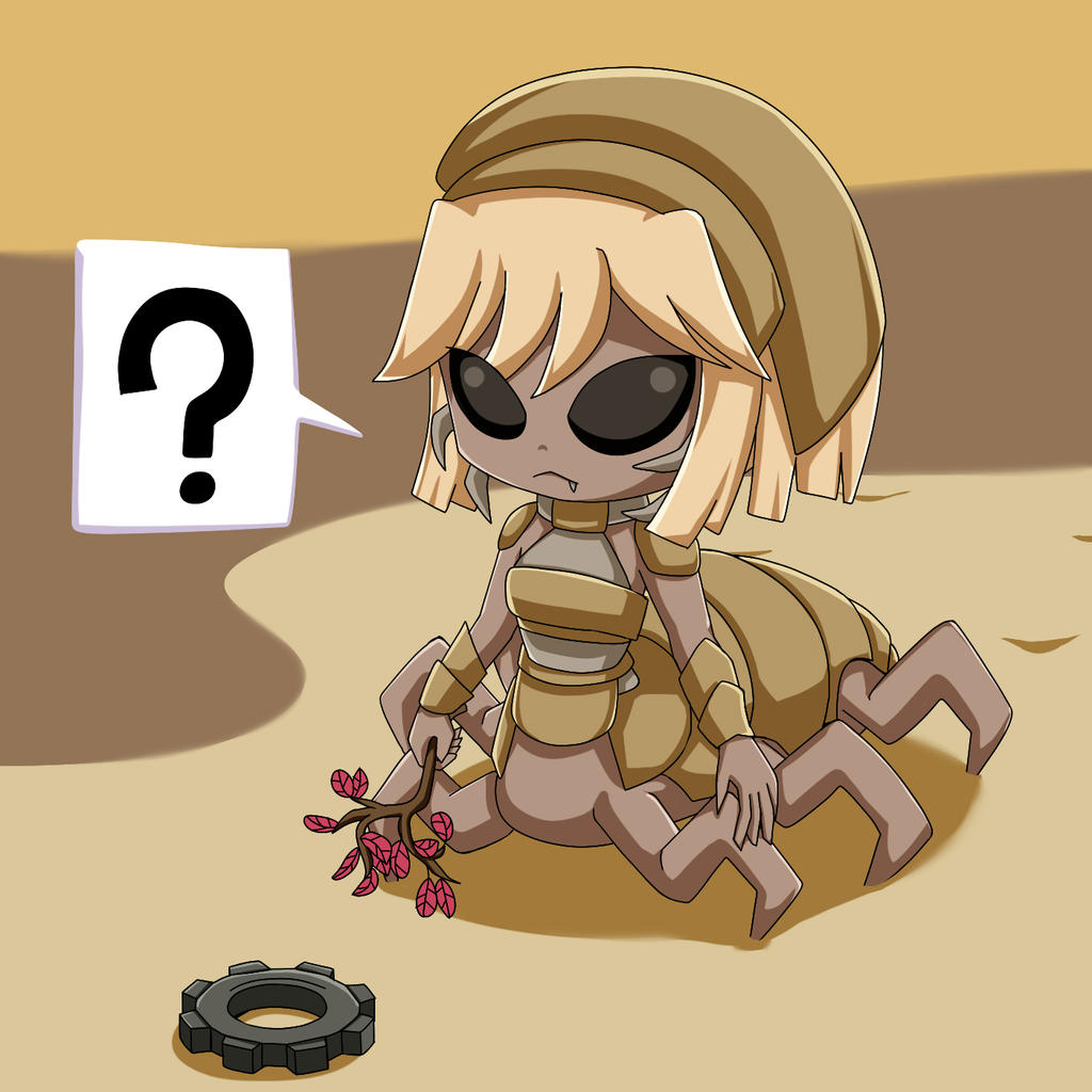 ? abstract_background alien arthropod arthropod_taur biter_(factorio) black_eyes boarhide_(artist) branch cog cogwheel confusion curious cute_fangs engineer_(factorio) exoskeleton factorio fan_character female gear grey_body hair holding_stick humanoid_taur hybrid insect insect_taur leaf mammal mandibles sand solo tan_body tan_exoskeleton tan_hair taur video_games