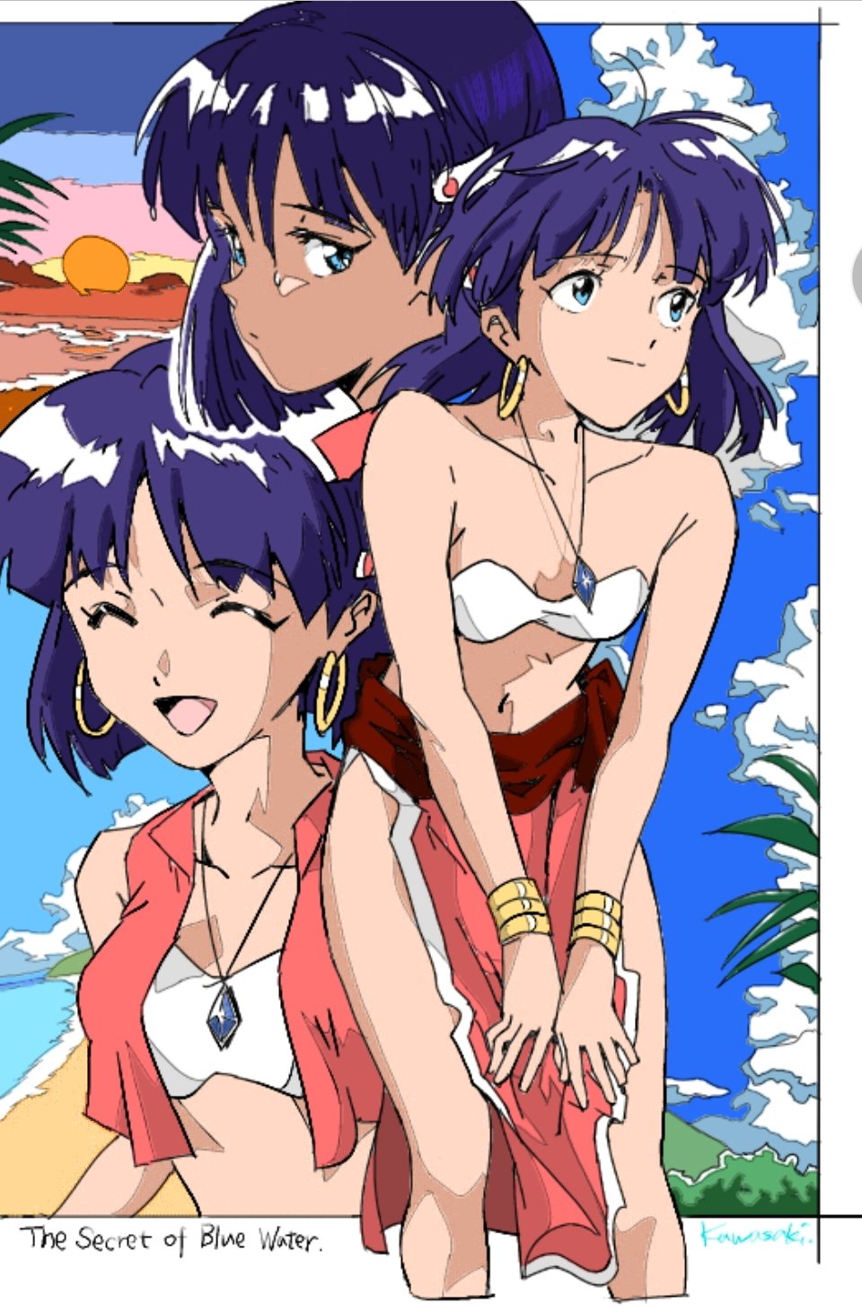 1girl bandeau bare_shoulders blue_eyes bracelet closed_mouth commentary dark_skin dark_skinned_female earrings fushigi_no_umi_no_nadia hair_ornament hairclip highres jewelry loincloth looking_at_viewer midriff nadia neck_ring necklace open_mouth purple_hair s_aki0330 short_hair smile solo strapless sunset tubetop vest