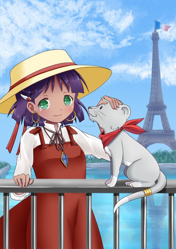 1girl bororo_(borologue) closed_mouth dark_skin dark_skinned_female dress earrings eiffel_tower fushigi_no_umi_no_nadia hair_ornament hairclip hat jewelry king_(nadia) lion looking_at_viewer nadia necklace purple_hair short_hair