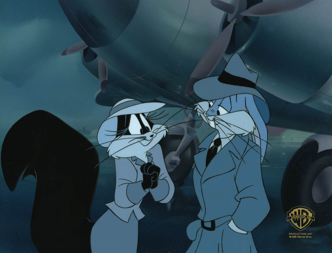 aircraft airplane anthro bugs_bunny clasped_hands clothed clothing domestic_cat duo felid feline felis female fluffy fluffy_tail hands_in_pockets hat headgear headwear lagomorph leporid looney_tunes male male/female mammal official_art penelope_pussycat_(looney_tunes) pockets rabbit unknown_artist warner_brothers whiskers