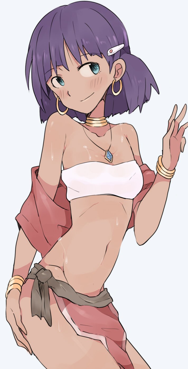 1girl bandeau bracelet breasts closed_mouth dark_skin dark_skinned_female earrings fushigi_no_umi_no_nadia green_eyes groin hair_ornament hairclip highres jewelry kaika loincloth midriff nadia navel neck_ring necklace purple_hair short_hair simple_background smile solo strapless tubetop vest white_background