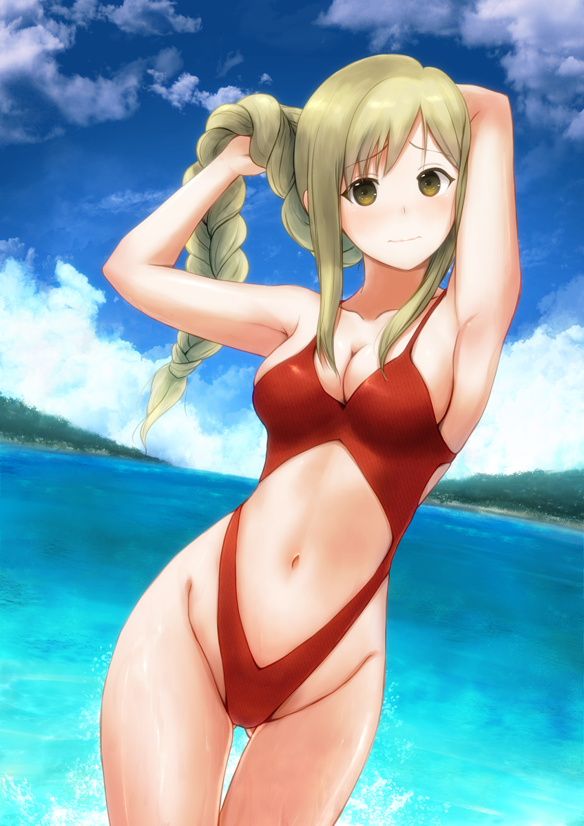 1girl ass_visible_through_thighs beach blonde_hair blue_sky braid breasts brown_eyes center_opening cloud commentary_request cowboy_shot day dragon_quest dragon_quest_iii highleg highleg_swimsuit highres horizon long_hair looking_at_viewer lost_july medium_breasts ocean outdoors red_eyes red_swimsuit revealing_swimsuit_(dq) school_girl_strikers single_braid sky solo swimsuit water yaginuma_io