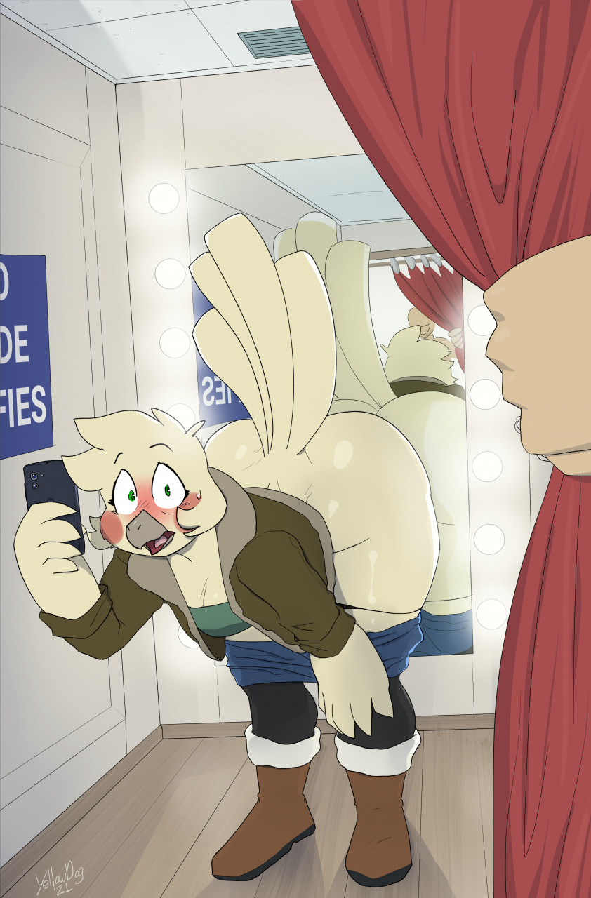 2021 :d ambiguous_gender anthro artbyyellowdog avian bent_over big_butt bird blush brooke_(simplifypm) butt caught clothed clothing digital_media_(artwork) dressing_room_(disambiguation) duo faceless_character female hi_res looking_at_viewer mirror mirror_selfie pants_down partially_clothed phone public public_nudity selfie smile surprised_expression thick_thighs wide_hips