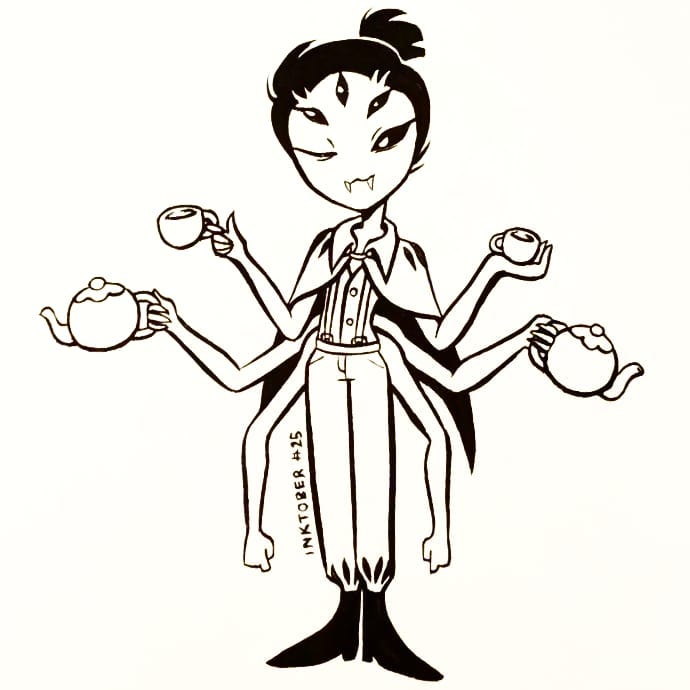 2019 5_eyes 6_arms 90percentdenny anthro arachnid arthropod black_hair bottomwear cloak clothing crossgender cup fangs footwear ftm_crossgender hair holding_cup holding_object inktober looking_at_viewer male monochrome muffet multi_arm multi_eye multi_limb one_eye_closed pants shirt shoes smile smiling_at_viewer solo spider suspenders teapot topwear undertale video_games wink winking_at_viewer