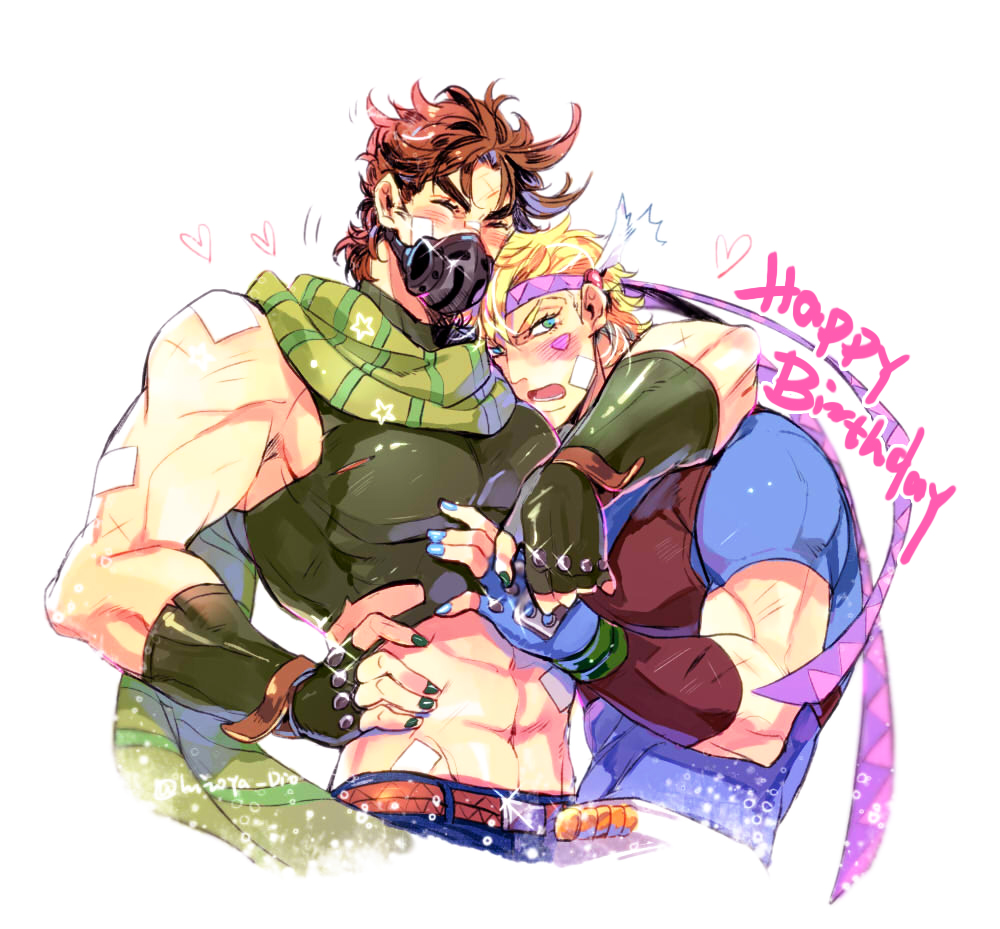 2boys abs annoyed arm_around_shoulder artist_name bandaid bandaid_on_arm bandaid_on_cheek bandaid_on_face bandaid_on_nose bandaid_on_shoulder bandaid_on_stomach bare_shoulders battle_tendency belt birthday blonde_hair blue_eyes blue_nails blue_shirt blush brown_hair caesar_anthonio_zeppeli closed_eyes clothing_cutout commentary_request covered_mouth crop_top cropped_torso facial_mark feathers fingerless_gloves fingernails glint gloves green_gloves green_nails green_scarf hair_feathers hand_on_hip happy_birthday hatoyama_itsuru headband heart hug jojo_no_kimyou_na_bouken joseph_joestar_(young) male_focus mask midriff mouth_mask multiple_boys muscular muscular_male nail_polish navel open_mouth pectorals scarf scratches shirt short_hair short_sleeves simple_background sleeveless star_(symbol) striped striped_scarf t-shirt torn_clothes triangle_print twitter_username upper_body white_background