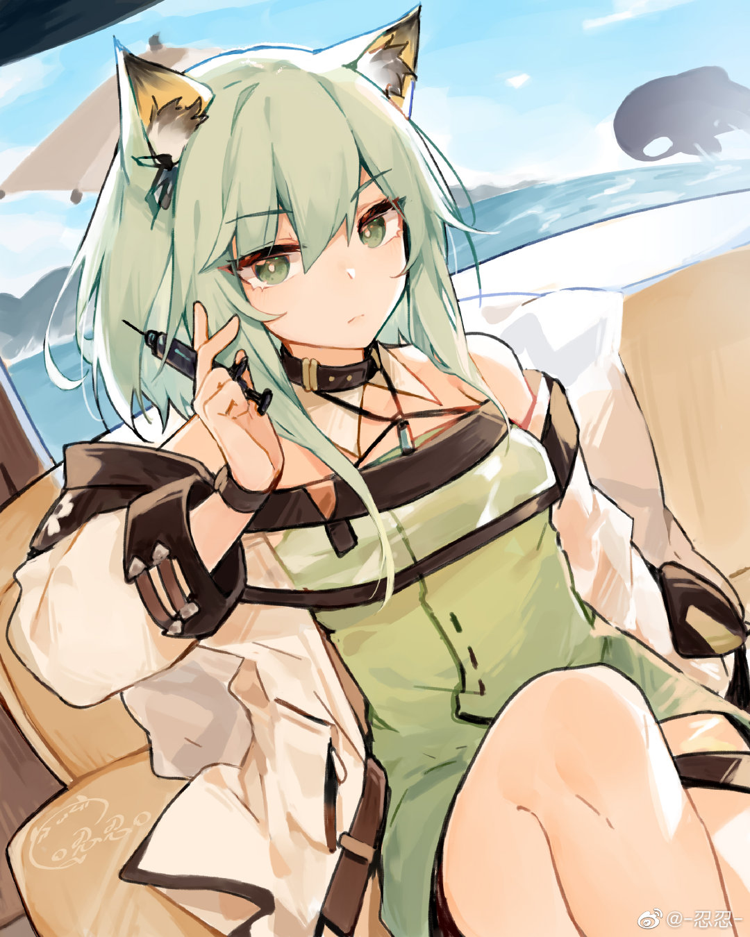 1girl arknights black_collar black_wristband coat collar dress green_dress green_eyes green_hair hair_between_eyes highres holding holding_syringe jewelry kal'tsit_(arknights) knees_up looking_at_viewer lynx_ears ocean off-shoulder_dress off_shoulder open_clothes open_coat pendant renren sitting solo syringe weibo_username white_coat