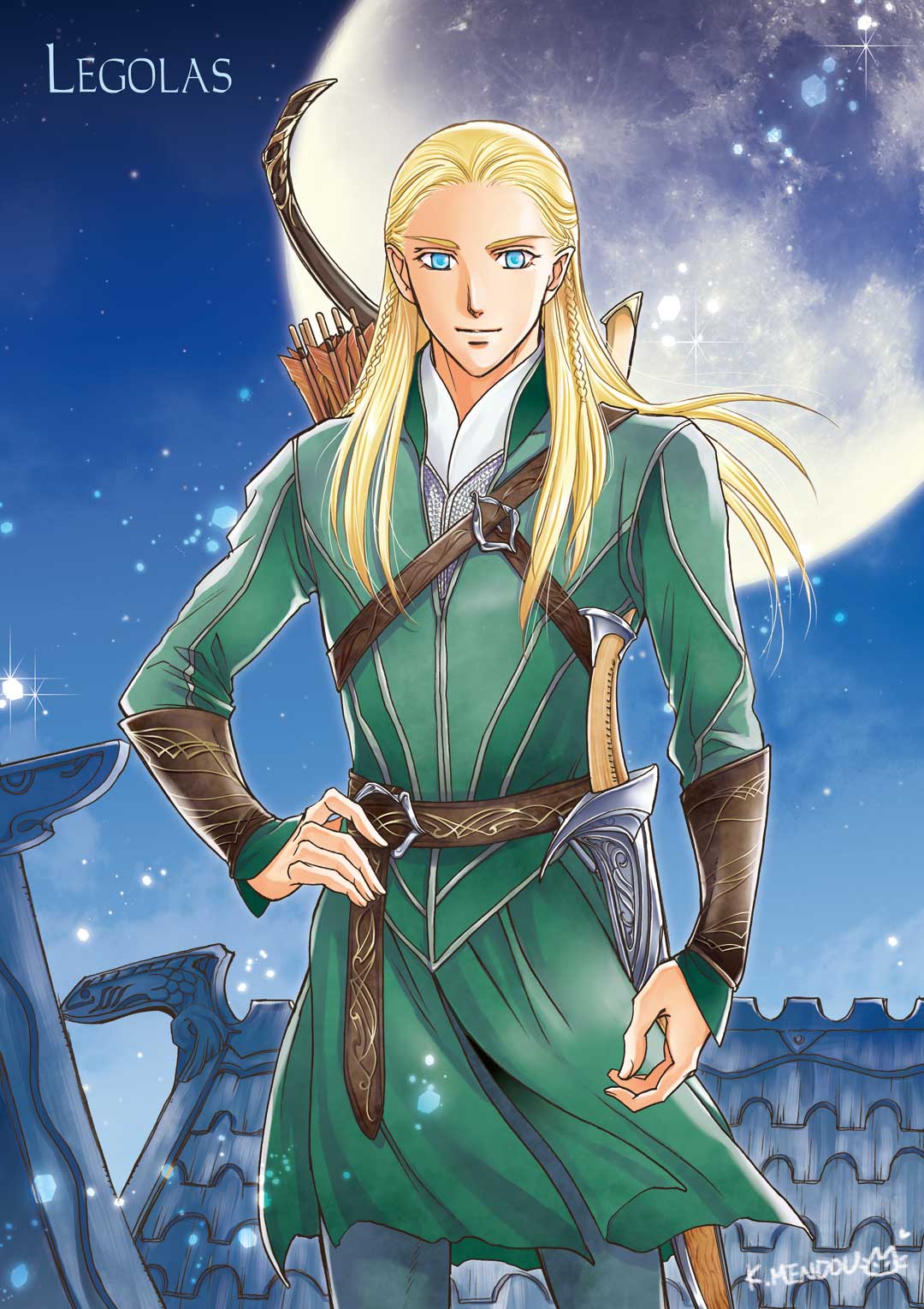 1boy arrow_(projectile) belt blonde_hair blue_eyes bow_(weapon) bracer brown_belt character_name closed_mouth full_moon green_robe hair_slicked_back hand_on_hip highres kazuki-mendou legolas long_hair looking_at_viewer lord_of_the_rings male_focus moon pants pointy_ears quiver rooftop scabbard sheath sheathed side_braids signature smile solo standing sword weapon weapon_on_back