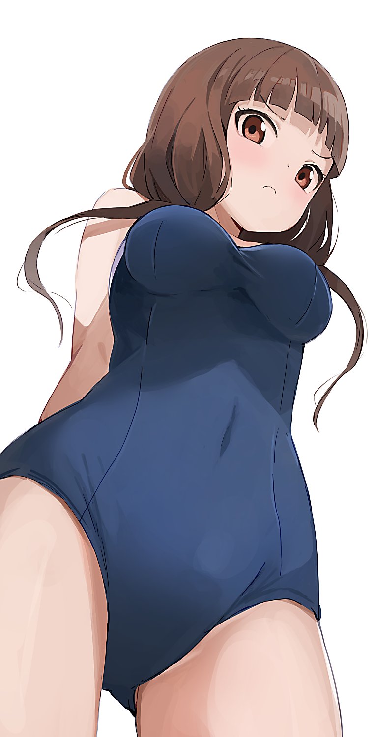 1girl arms_behind_back bangs blue_swimsuit blunt_bangs breasts brown_eyes closed_mouth commentary_request covered_navel eyebrows_visible_through_hair from_below frown highres hiroki_(yyqw7151) iino_miko kaguya-sama_wa_kokurasetai_~tensai-tachi_no_renai_zunousen~ looking_at_viewer medium_breasts one-piece_swimsuit school_swimsuit simple_background solo standing swimsuit thighs white_background