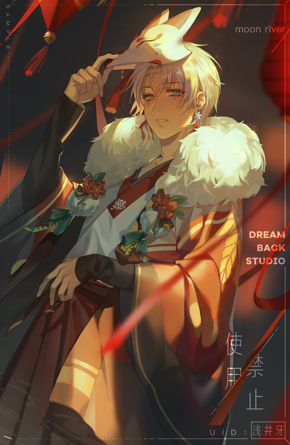 1boy circlet copyright_request earings flower fur_trim hand_up highres japanese_clothes kimono male_focus mask mask_removed mole mole_under_eye qianjingya red_kimono silver_eyes solo standing tassel white_hair wide_sleeves