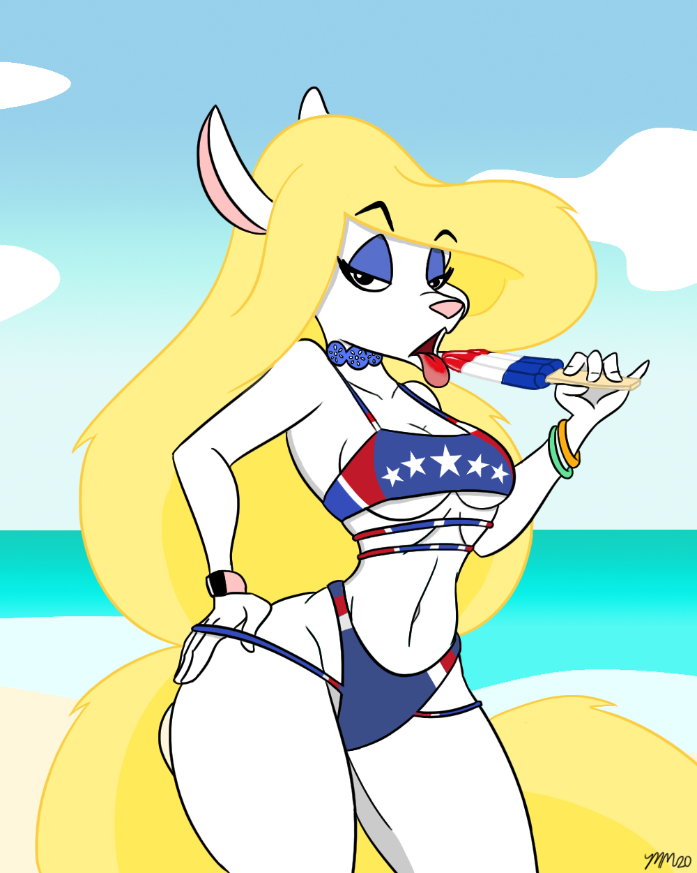 49ersrule07_(artist) animaniacs anthro beach bikini blonde_hair blonde_tail blue_eyeshadow bracelet clothing eyeshadow female food fur hair hand_on_hip hi_res jewelry licking_popsicle makeup mammal minerva_mink mink mustelid musteline navel popsicle seaside solo stars_and_stripes summer swimwear thick_thighs tongue tongue_out true_musteline united_states_of_america warner_brothers white_body white_fur