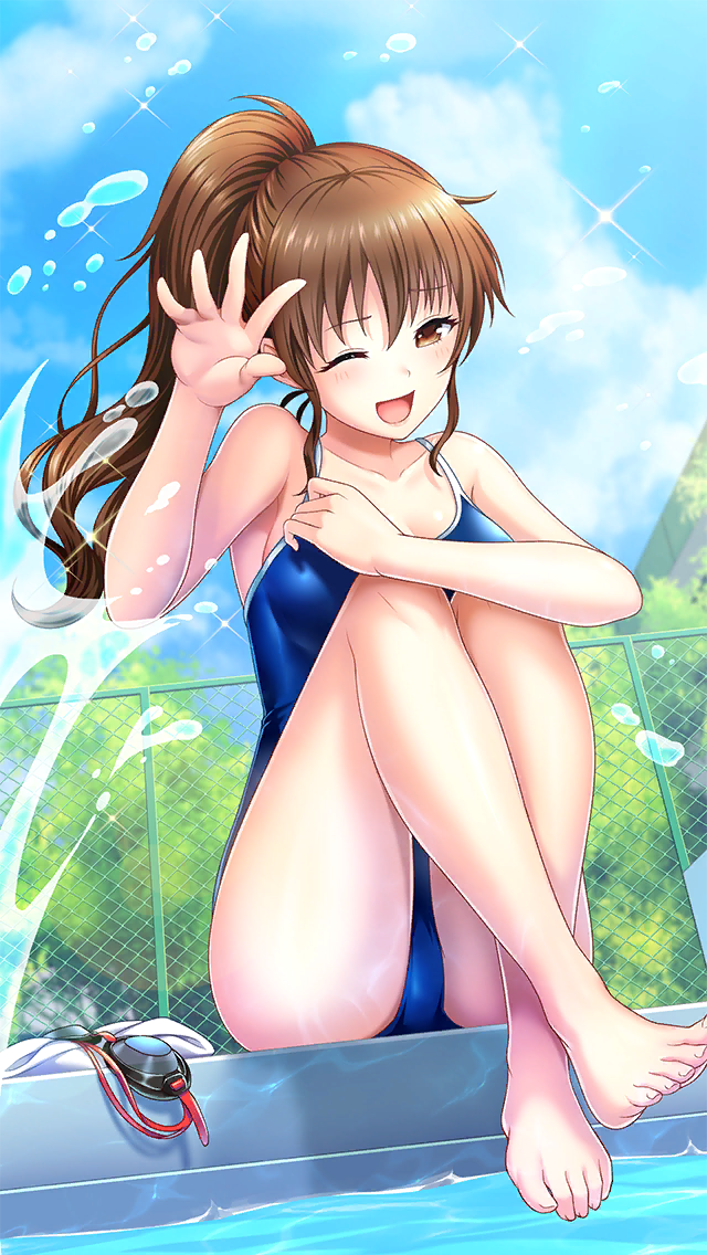 1girl ;d barefoot blue_sky blue_swimsuit breasts brown_eyes brown_hair cleavage day doukyuusei doukyuusei_another_world game_cg high_ponytail large_breasts long_hair official_art one_eye_closed open_mouth outdoors poolside school_swimsuit shiny shiny_hair sitting sky smile solo sparkle splashing swimsuit tanaka_misa very_long_hair