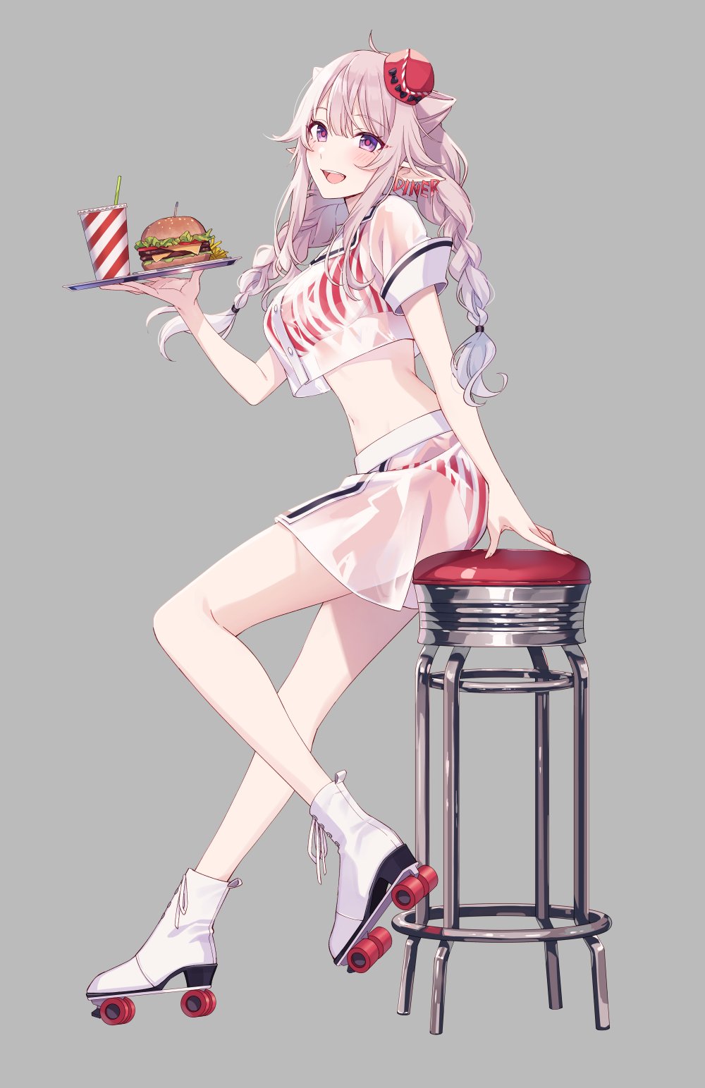 1girl bangs bar_stool braid burger commentary_request crop_top cup disposable_cup drinking_straw eyebrows_visible_through_hair food full_body grey_background headwear highres holding holding_tray legs light_purple_hair long_hair looking_at_viewer midriff miniskirt original pointy_ears purple_eyes red_stripes roller_shoes roller_skates see-through shadow shoes short_sleeves sidelocks skates skirt solo stool striped_underwear tilted_headwear tomari_(veryberry00) toothpick tray twin_braids waitress white_footwear