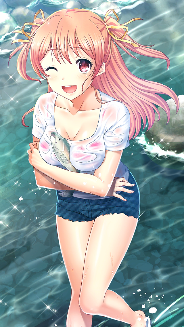 1girl ;d blue_shorts breasts cleavage collarbone crossed_arms doukyuusei_another_world fish floating_hair game_cg hair_ribbon light_brown_hair long_hair medium_breasts official_art one_eye_closed open_mouth outdoors red_eyes ribbon river sendou_airi shiny shiny_hair shirt short_shorts short_sleeves shorts smile solo standing twintails very_long_hair wet wet_clothes wet_shirt white_shirt yellow_ribbon