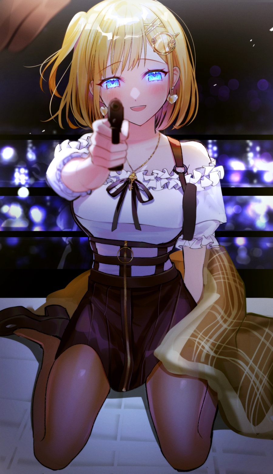 1girl :d aiming_at_viewer bangs bare_shoulders blonde_hair blue_eyes blurry blush breasts dega1028 depth_of_field earrings eyebrows_visible_through_hair finger_on_trigger glowing glowing_eyes gun hair_ornament handgun heart heart_earrings high_heels highres holding holding_gun holding_weapon hololive hololive_english holster jewelry key looking_at_viewer medium_breasts monocle_hair_ornament necklace one_side_up open_mouth pantyhose pistol pointing_weapon pov shirt shoes short_hair skirt smile solo virtual_youtuber watson_amelia weapon white_shirt zipper
