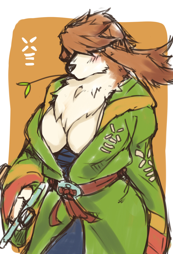 amad_no_moto anthro big_breasts biped blush breasts breath_of_fire brown_body brown_fur brown_hair canid canine canis capcom chest_tuft cleavage clothed clothing crossgender domestic_dog female fur hair hair_over_eyes holding_object holding_weapon mammal melee_weapon mtf_crossgender scias solo sword tuft video_games weapon white_body white_fur