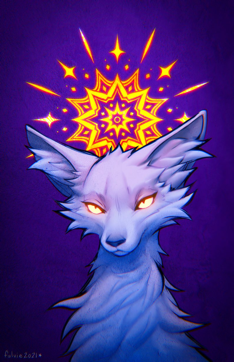 2021 ambiguous_gender canid canine cheek_tuft facial_tuft falvie feral fluffy fox fur glowing glowing_eyes hi_res inner_ear_fluff light lighting mammal purple_background shaded signature simple_background solo tuft white_body white_fur