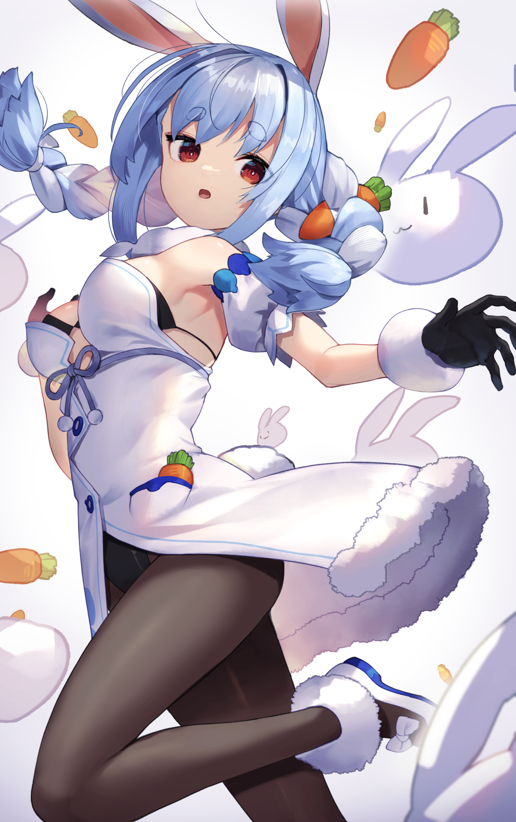 1girl animal_ears bangs black_bra black_gloves black_leotard blue_hair bra braid breasts bunny_ears bunny_tail carrot_hair_ornament commentary_request detached_sleeves dress eyebrows_visible_through_hair food_themed_hair_ornament gloves hair_ornament highres hololive leotard leotard_under_clothes long_hair looking_at_viewer multicolored_hair nousagi_(usada_pekora) pantyhose rabbit_girl red_eyes shoes short_eyebrows solo standing standing_on_one_leg streaked_hair sukocchi tail thick_eyebrows twin_braids twintails underwear usada_pekora virtual_youtuber white_background white_dress white_footwear white_hair