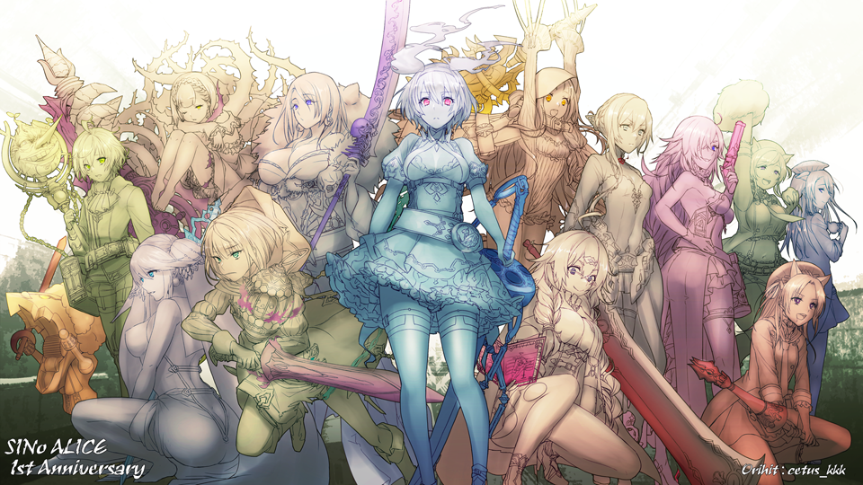 ahoge alice_(sinoalice) apron asymmetrical_bangs bangs barefoot belt blue_eyes blue_hair blunt_bangs book braid breasts briar_rose_(sinoalice) cage cape cetus_kkk cheering choker cinderella_(sinoalice) cleavage cleavage_cutout closed_mouth clothing_cutout cup doll dorothy_(sinoalice) dress drink earrings food green_eyes green_hair gretel_(sinoalice) grey_hair grin gun hair_ornament hair_over_one_eye hair_ribbon hairband hand_on_hip hansel_(sinoalice) happy hat holding holding_book holding_gun holding_sword holding_weapon hood hood_up hungry japanese_clothes jewelry kaguya_hime_(sinoalice) kimono lantern large_breasts little_red_riding_hood_(sinoalice) ningyo_hime_(sinoalice) nutcracker_(sinoalice) one_eye_closed open_mouth otoko_no_ko pantyhose petticoat pinocchio_(sinoalice) polearm pom_poms purple_eyes purple_hair ribbon saliva serious short_hair shorts sidelocks sinoalice skull smile snow_white_(sinoalice) staff sword teacup thighhighs thorns three_little_pigs_(sinoalice) tired torn_clothes torn_legwear twintails weapon zettai_ryouiki