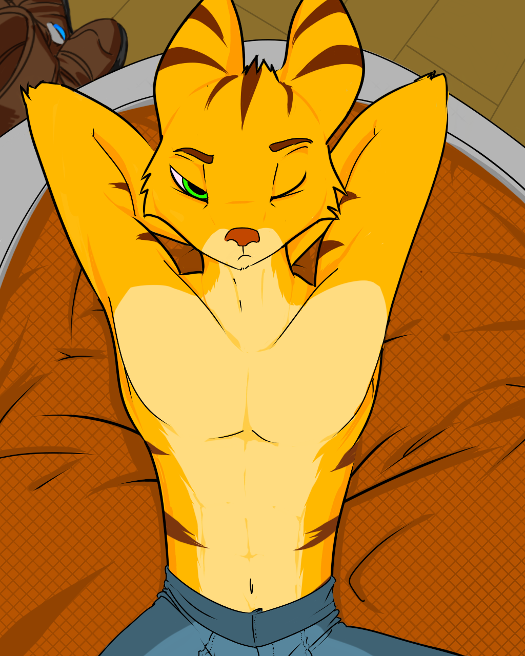 anthro bed bedroom_eyes boots bottomwear clothed clothing footwear furniture green_eyes hand_behind_head hi_res lombax male mammal narrowed_eyes pants ratchet ratchet_and_clank seductive shirtless_male solo sony_corporation sony_interactive_entertainment tired topless video_games xaskai yellow_body