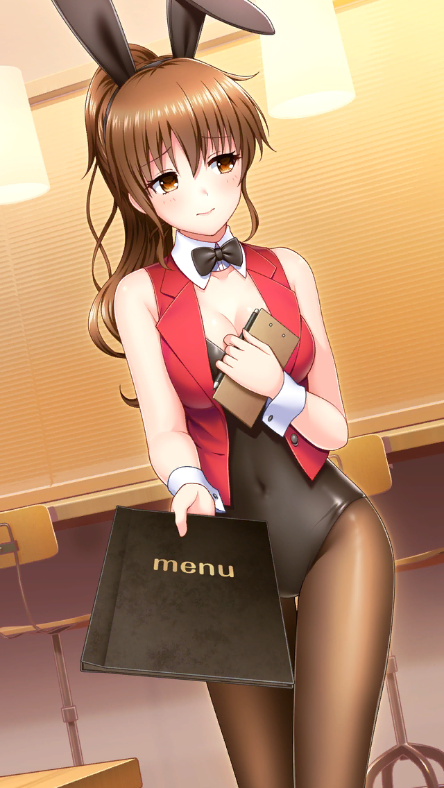 1girl animal_ears bangs black_hairband black_leotard black_neckwear blush breasts brown_eyes brown_hair brown_legwear bunny_ears cleavage closed_mouth collarbone detached_collar doukyuusei doukyuusei_another_world eyebrows_visible_through_hair fake_animal_ears game_cg hair_between_eyes hairband high_ponytail indoors leotard long_hair looking_away medium_breasts official_art open_clothes open_vest pantyhose playboy_bunny red_vest shiny shiny_hair sleeveless smile solo standing strapless strapless_leotard tanaka_misa very_long_hair vest wrist_cuffs