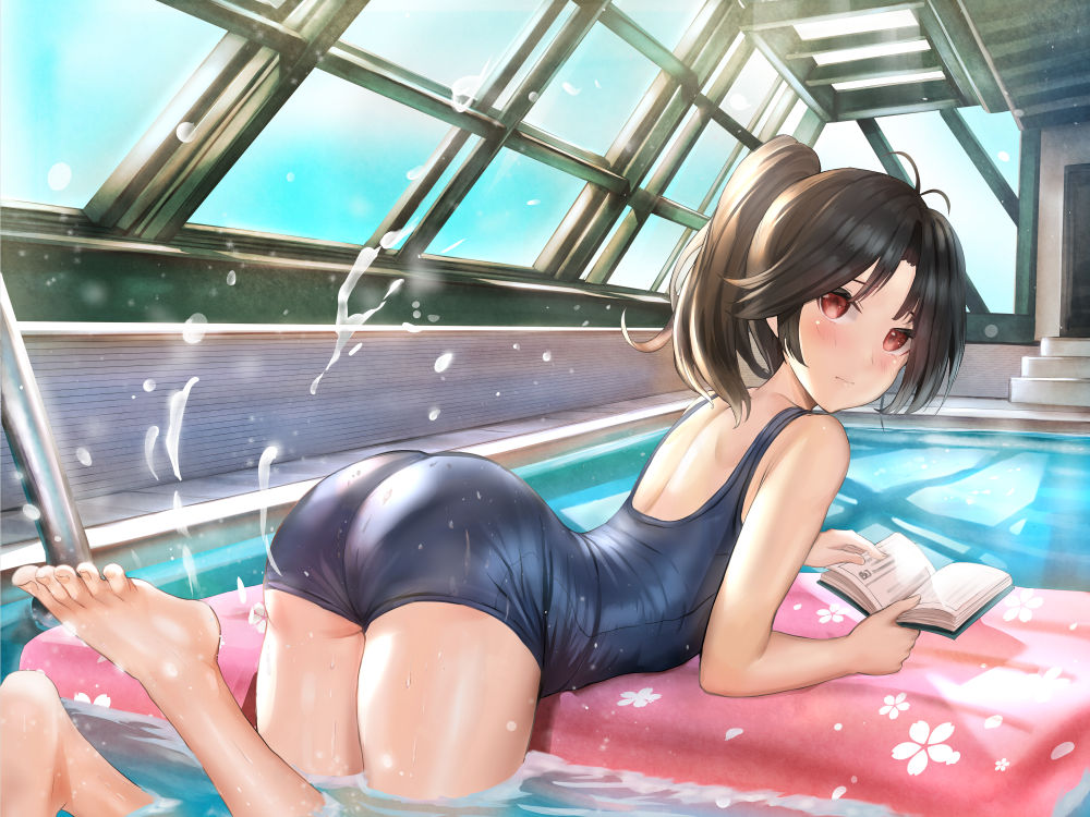 1girl ass bangs bare_arms bare_shoulders barefoot black_hair blue_swimsuit blush book character_request closed_mouth competition_swimsuit from_behind illusion_connect in_water indoors long_hair looking_at_viewer looking_back lying on_stomach one-piece_swimsuit parted_bangs ponytail pool qian_wu_atai red_eyes rei_no_pool solo swimsuit thighs water