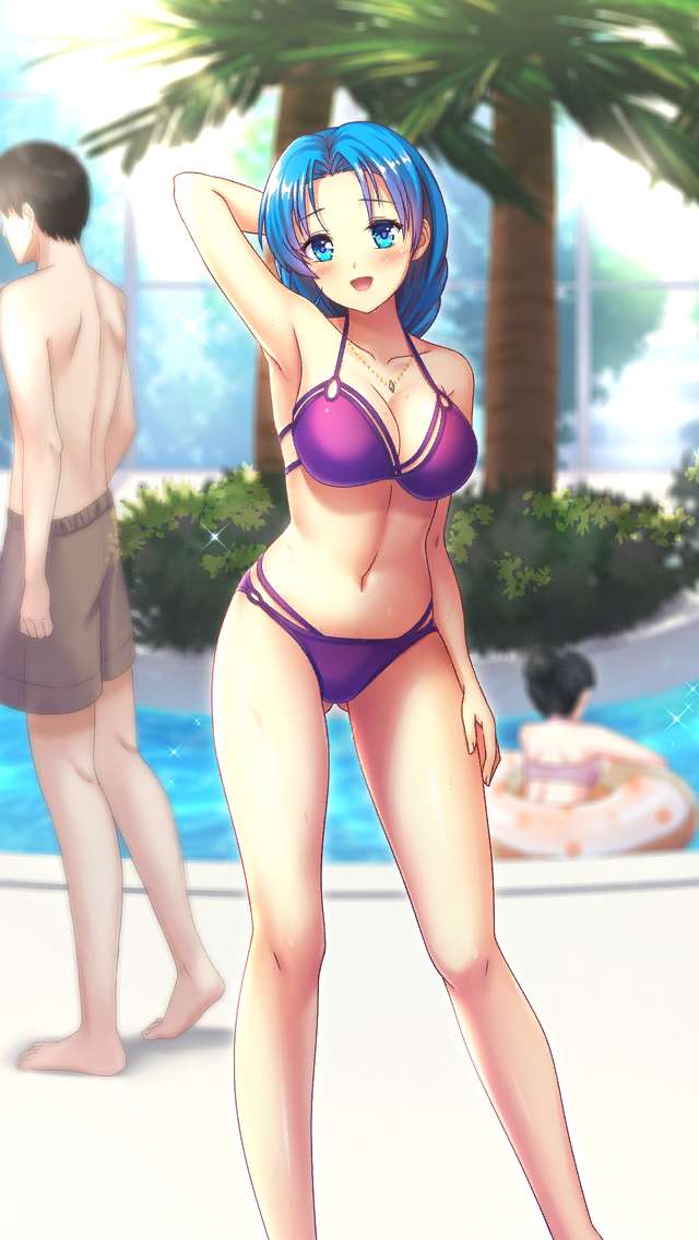 1girl :d arm_up armpits bikini blue_eyes blue_hair blurry blurry_background blush breasts cleavage collarbone doukyuusei_2 doukyuusei_another_world game_cg hair_intakes jewelry large_breasts long_hair looking_at_viewer multi-strapped_bikini navel necklace nonomura_misato official_art open_mouth palm_tree pool purple_bikini shiny shiny_hair smile solo_focus sparkle standing swimsuit tree