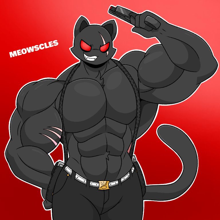 anthro belt big_muscles blush bottomwear cat_tail clothed clothing denim denim_clothing domestic_cat epic_games felid feline felis flexing fortnite gun gun_holster holster huge_muscles huge_pecs jeans male mammal meowscles_(fortnite) muscular muscular_anthro muscular_male omegabrawl overalls pants pecs ranged_weapon shadow_meowscles_(fortnite) smile smirk solo topless video_games weapon