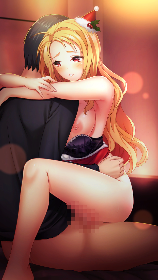 1boy 1girl arms_around_neck black_bra black_hair black_shirt blonde_hair blush bottomless bra bra_pull breasts clothes_pull doukyuusei_2 doukyuusei_another_world fur-trimmed_headwear game_cg girl_on_top hat hetero indoors large_breasts lens_flare long_hair maijima_karen mini_hat nipples official_art parted_lips red_eyes red_headwear sex shiny shiny_hair shirt straddling underwear upright_straddle vaginal very_long_hair