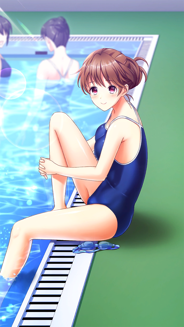 3girls bangs barefoot blue_swimsuit breasts brown_hair closed_mouth doukyuusei_another_world from_side game_cg interlocked_fingers kakyuusei leg_hug medium_breasts minamizato_ai multiple_girls official_art poolside red_eyes school_swimsuit shiny shiny_hair shiny_skin short_hair sitting smile soaking_feet solo_focus swimsuit tied_hair