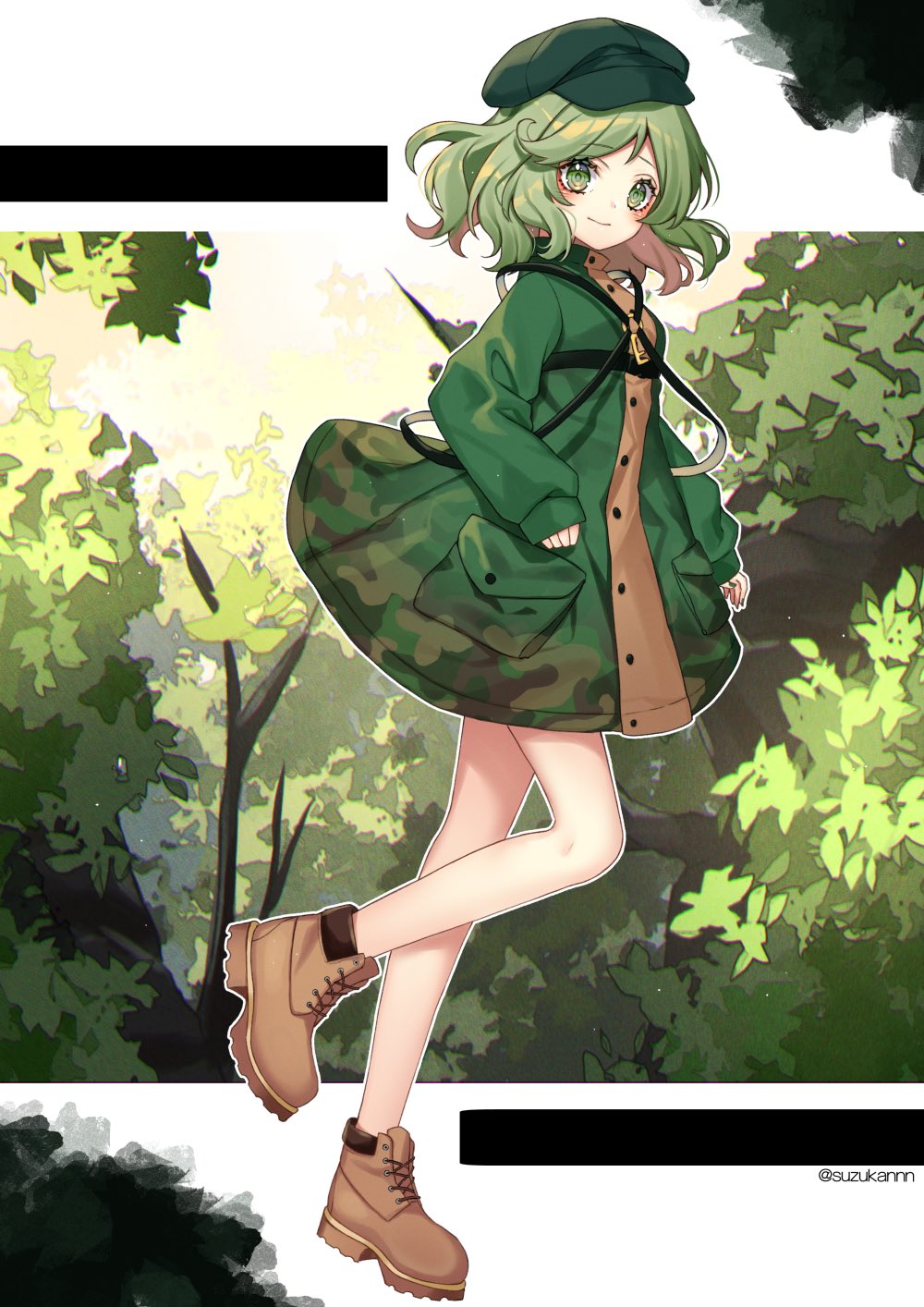 1girl bangs boots border brown_footwear bush camouflage camouflage_jacket closed_mouth cross-laced_footwear flat_cap forest from_side full_body green_eyes green_hair green_headwear green_jacket hat highres jacket key kyouda_suzuka long_sleeves looking_at_viewer nature outdoors pocket short_hair smile solo standing standing_on_one_leg touhou tree twitter_username white_border yamashiro_takane