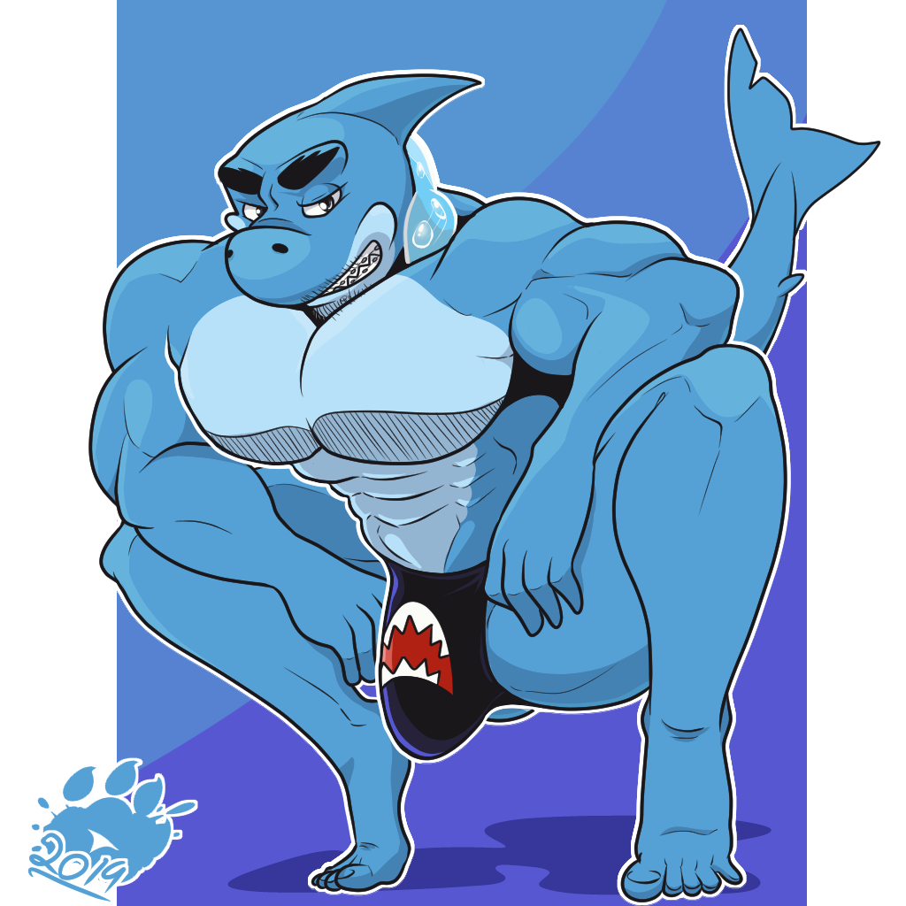 abs anthro bulge bull_sharkowski cartoon_network clothing fish genital_outline looking_at_viewer male marine my_gym_partner's_a_monkey penis_outline shark simple_background solo the_purple_wolf_guy thong underwear
