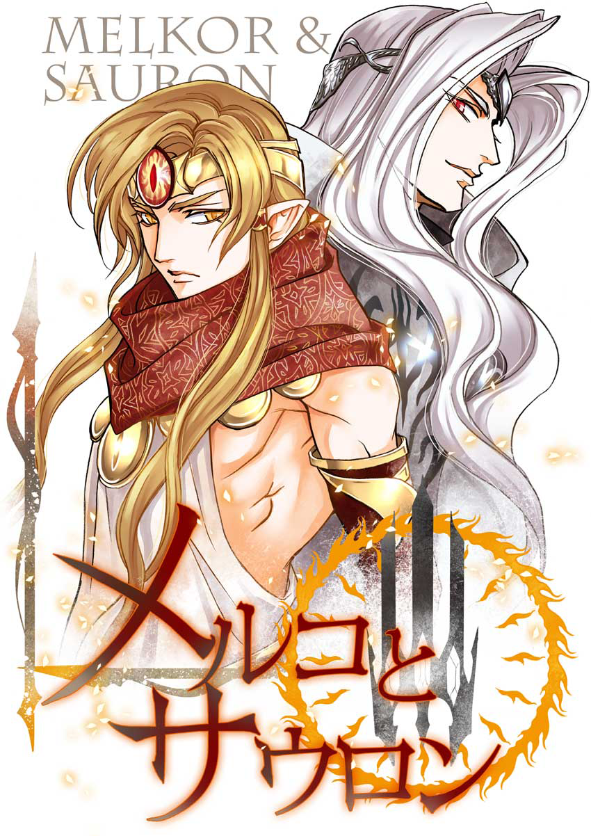 2boys albino armor blonde_hair character_name circlet closed_mouth highres kazuki-mendou long_hair male_focus melkor morgoth multiple_boys pointy_ears red_eyes red_scarf sauron scarf silmarillion smile white_hair yellow_eyes