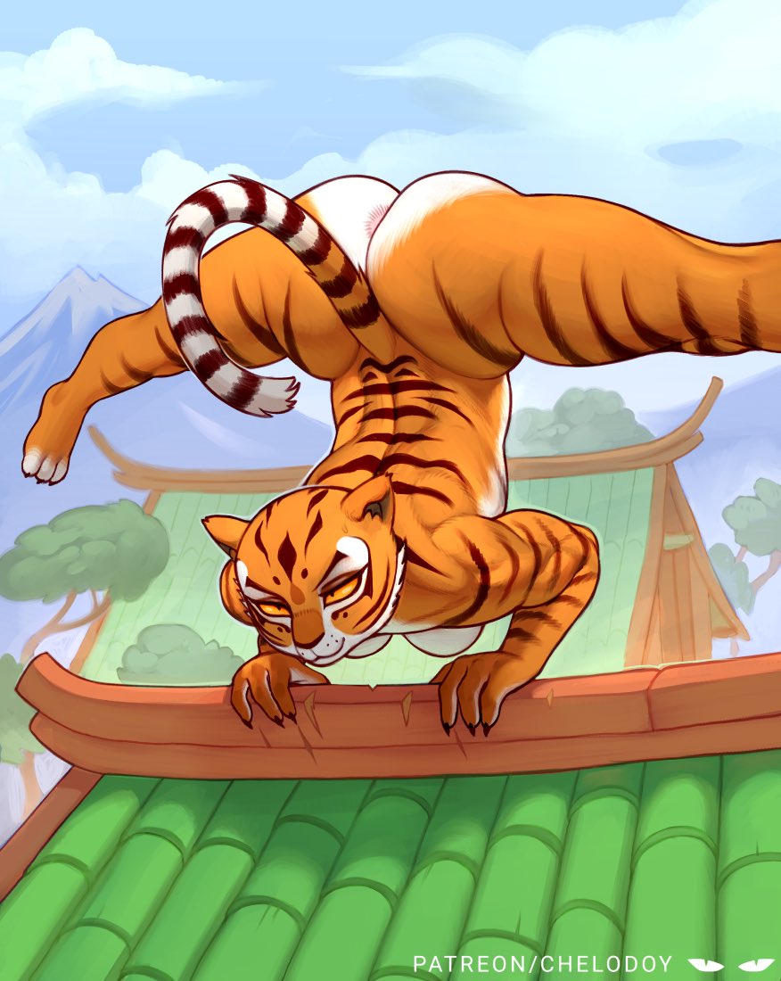 anthro anus balancing big_butt brown_body butt chelodoy dreamworks felid female flexible kung_fu_panda mammal master_tigress multicolored_body muscular muscular_anthro muscular_female nude orange_body pantherine rooftop solo splits spread_legs spreading striped_body stripes thick_thighs tiger training upside_down white_body wide_hips yellow_sclera