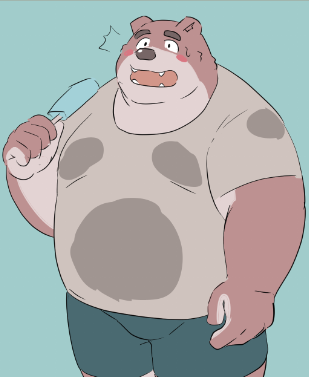 00murice 2021 anthro blue_background blush bottomwear brown_body brown_fur clothing fur kemono low_res male mammal overweight overweight_anthro overweight_male shirt shorts simple_background solo topwear ursid