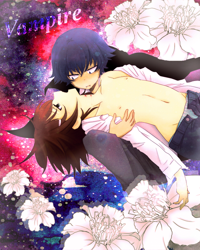 10s 2boys assisted_exposure b_(kana0816) baka_to_test_to_shoukanjuu bangs bite_mark black_cloak blue_background blue_eyes blue_hair briefs brown_hair cloak collared_shirt commentary_request cosplay dress_shirt english_text fangs floral_background flower fumizuki_academy_school_uniform groin hair_between_eyes hair_ornament hairclip half-closed_eyes holding_another jitome kinoshita_hideyoshi long_sleeves looking_at_another looking_down looking_up male_underwear medium_hair multicolored multicolored_background multiple_boys nipples open_fly otoko_no_ko pink_flower popped_collar red_background sanpaku school_uniform shirt sparkle_background tsuchiya_kouta unbuttoned underwear unzipped vampire vampire_(aoki_hagane_no_arpeggio) vampire_(aoki_hagane_no_arpeggio)_(cosplay) vampire_(game) vampire_(vocaloid) vampire_costume wing_collar yaoi
