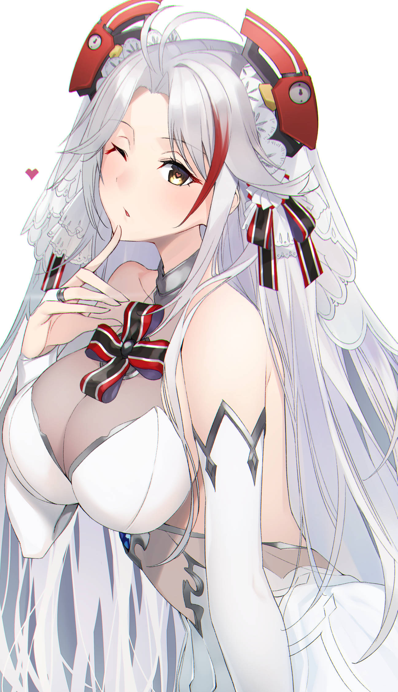 1girl ahoge azur_lane breasts bridal_gauntlets bridal_veil bride cleavage dress finger_to_own_chin headgear heart heart-shaped_pupils highres jewelry large_breasts long_hair one_eye_closed prinz_eugen_(azur_lane) raitho104 ring silver_hair symbol-shaped_pupils veil wedding_dress white_dress