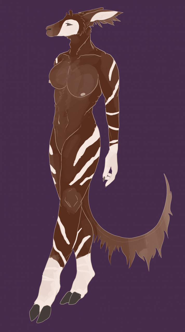 2021 anthro beastars breasts brown_body brown_fur cloven_hooves cosmo_(beastars) female full-length_portrait fur giraffid hi_res hooves looking_away mammal nipples nude okapi portrait purple_background sabretigris simple_background solo standing stripes