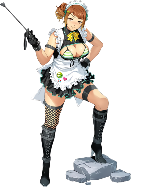 1girl apron arm_strap bangs bikini black_footwear black_gloves black_legwear boots breasts brown_eyes brown_hair cross-laced_footwear full_body gloves hair_ornament hairclip high_heels holding knee_boots large_breasts looking_at_viewer maid maid_apron maid_headdress official_art olive_oppert photoshop_(medium) riding_crop rock short_hair simple_background single_thighhigh smile solo standing striped striped_bikini super_robot_wars super_robot_wars_x-omega swimsuit thigh_strap thighhighs watanabe_wataru_(character_designer) white_background