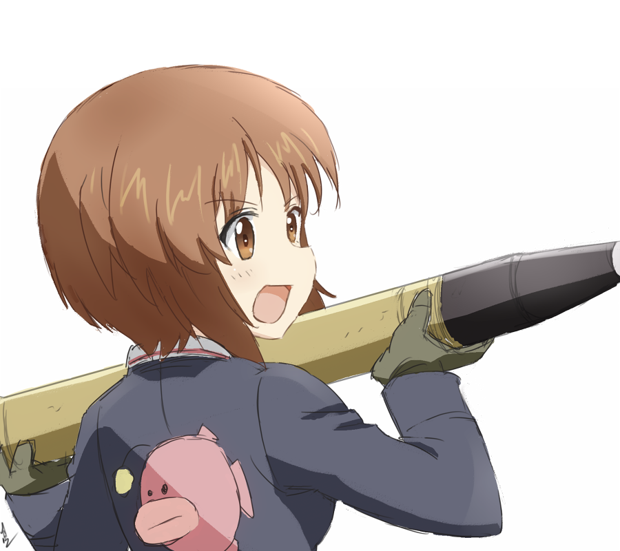 1girl anglerfish artist_name bangs black_gloves blue_jacket brown_eyes brown_hair commentary emblem girls_und_panzer gloves holding jacket long_sleeves looking_to_the_side ma-2_(konkon_kitakitsune) military military_uniform nishizumi_miho ooarai_military_uniform short_hair signature simple_background solo tank_shell uniform upper_body white_background