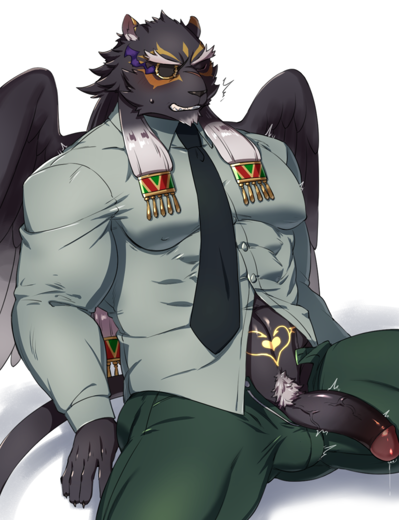 aaassstaro anthro becoming_erect black_body black_fur blush clothing edit embarrassed felid fur genitals male mammal necktie pantherine penis pubes solo suit tattoo tezcatlipoca tokyo_afterschool_summoners uncensored video_games wings womb_tattoo